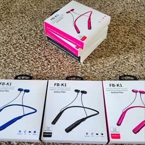 FB-K1 wireless headphones. Pink, blue, and black colors available.
